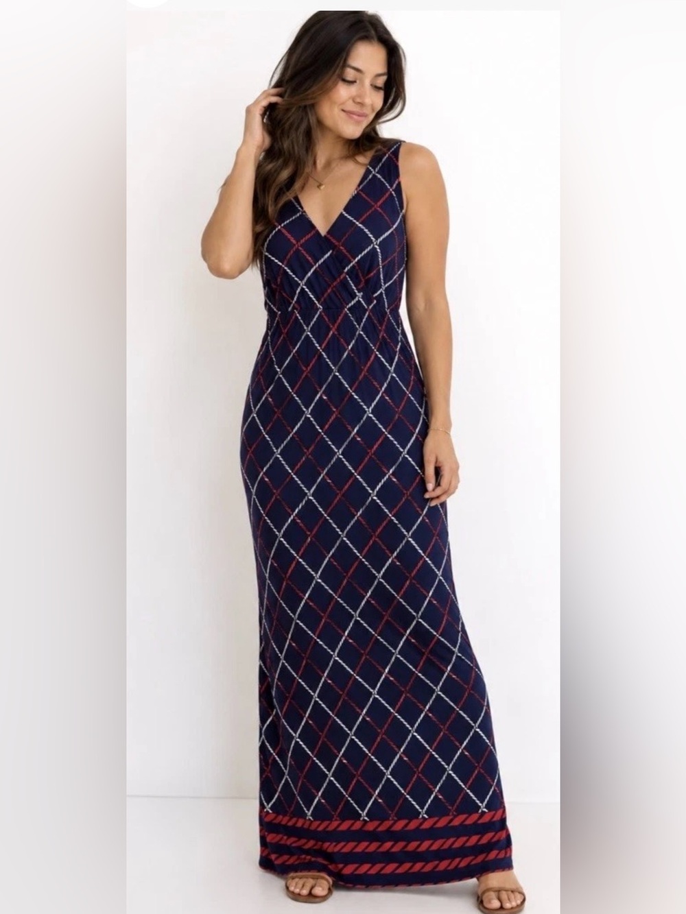 Tommy Hilfiger Navy Plaid V-Neck Maxi Dress Size SP
